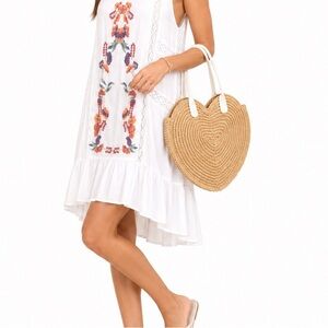 POOL-SIDE Heart-Shaped Tan Wicker & White Leather Woven Beach Farmers Market Bag